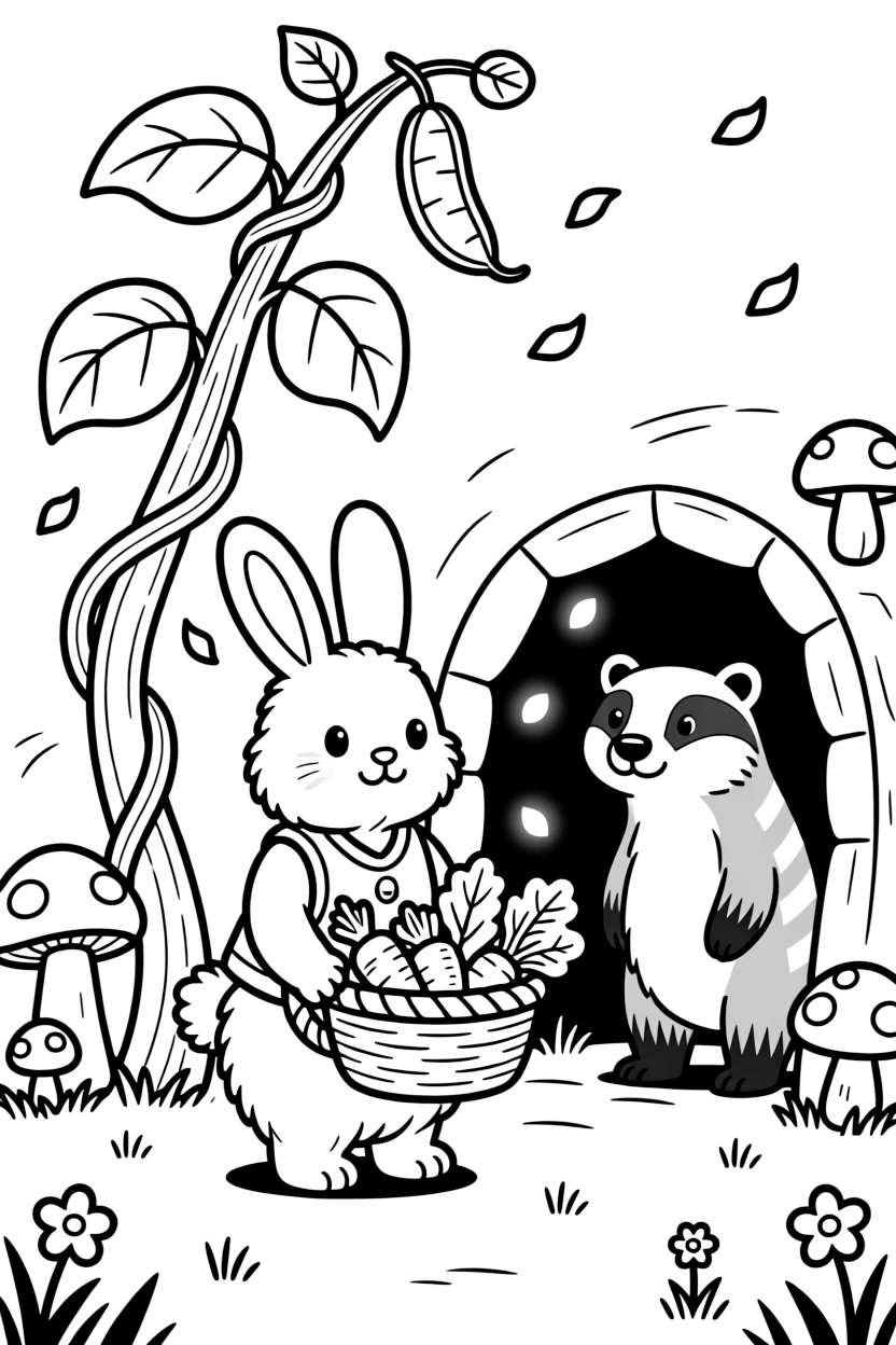 A fluffy bunny carrying a basket of vegetables with a badger in a cave glowing with mushrooms, near a giant beanstalk, while a gentle breeze scatters flower petals.
