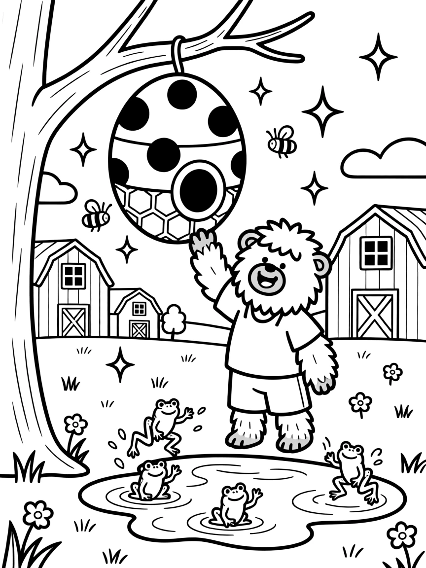 A silly yeti cub takes a break from adventures to try harvesting honey from a giant polka-dot beehive on a farm with rainbow-striped barns, with a puddle full of jumping frogs close behind. Sparkles and stars fill the air with magic.