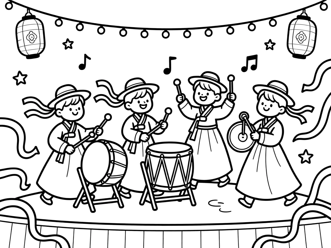 A coloring page of a lively performance in South Korea featuring drummers performing a lively samulnori percussion routine with ribboned hats spinning, decorated with ribbons, streamers, and twinkling string lights overhead.