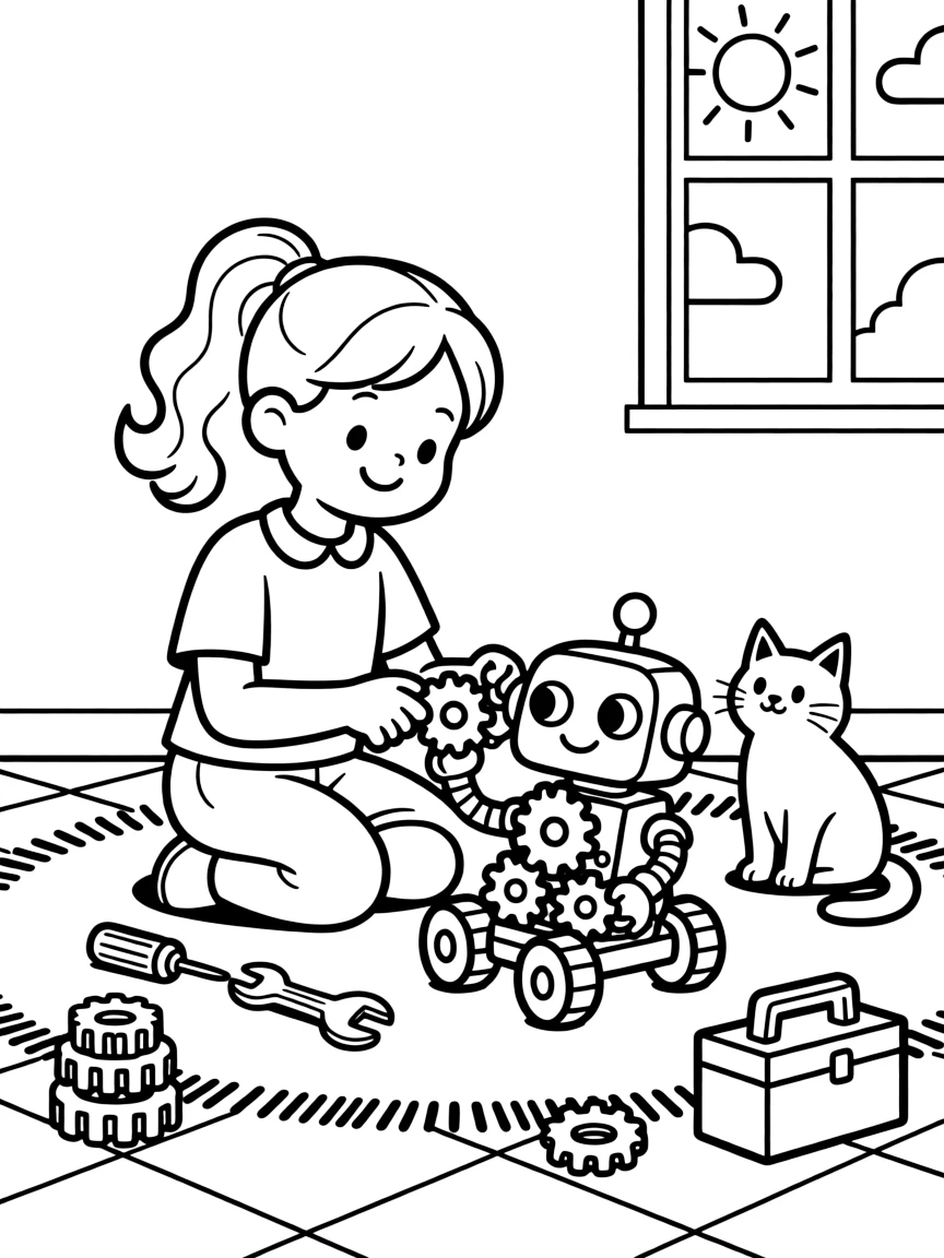 a shy young girl snaps together colorful gears and wheels to build a small rolling robot.