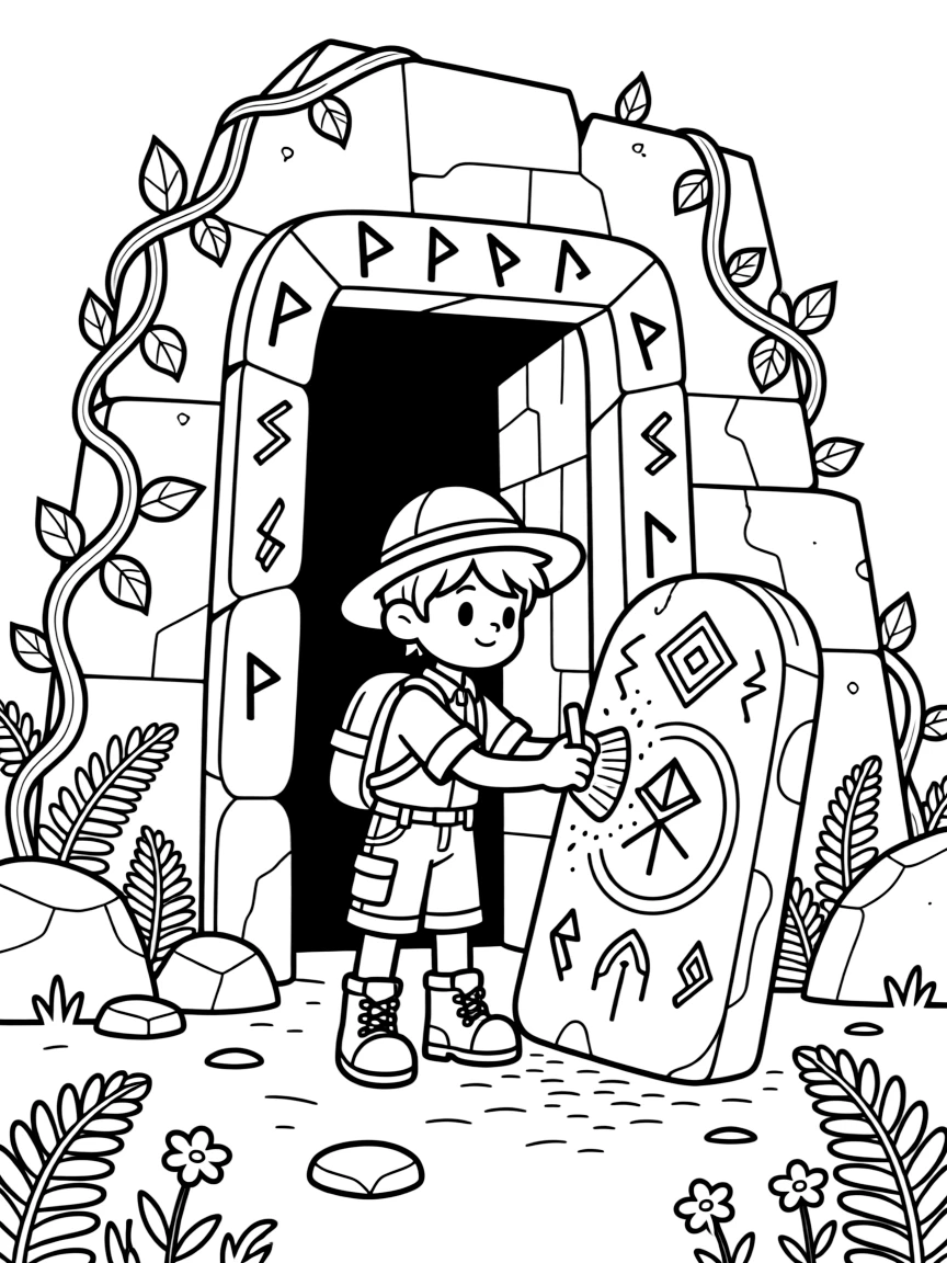 Crumbling ancient ruins covered in vines hide a hidden doorway glowing with runes, as a young explorer brushes dust off a mysterious stone tablet.