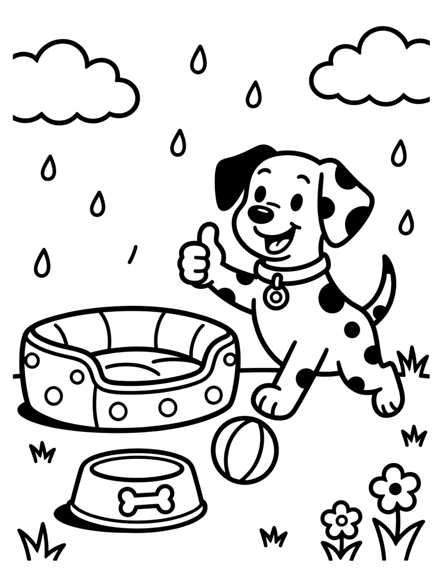 [Pets] a spotted dalmatian puppy chasing a bouncing ball beside a favorite pet bed, giving a confident thumbs-up, while a food bowl sits close by fills the surrounding area. A collar with a small tag completes the look. Set during a bright summer day, with a light drizzle just ending, the page bursts with adventure and imagination.