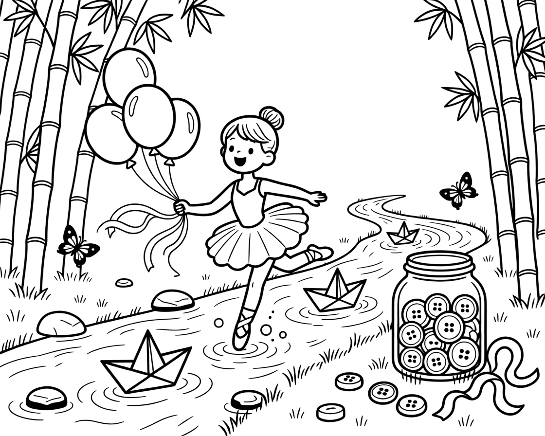 A young ballerina in a satin leotard is racing paper boats down a bubbling brook in a peaceful bamboo forest. Scattered nearby, a cluster of bouncing balloons tied with ribbon and a jar of colorful buttons and ribbons make the setting feel extra special.