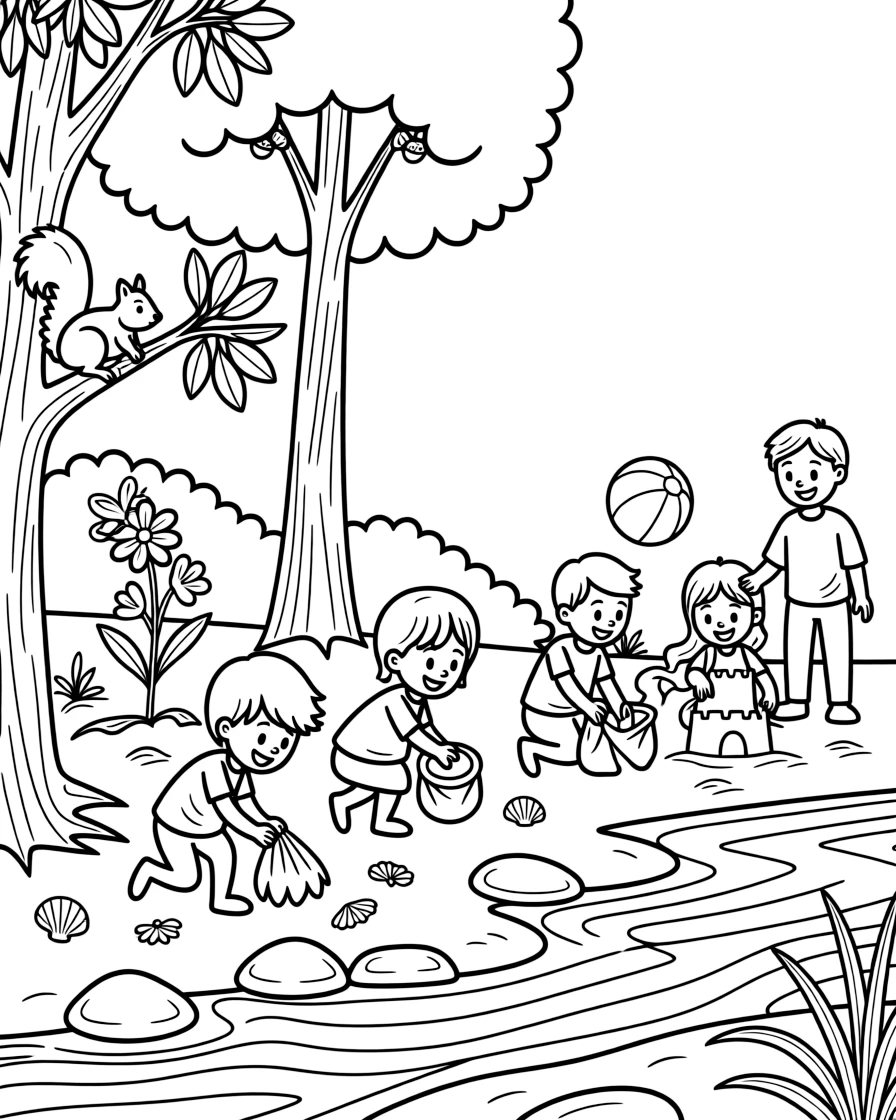 A beach cleanup with kids collecting shells and litter beside a babbling brook surrounded by tall trees, with a whole smiling family playing close by amid a butterfly resting on a wildflower and a squirrel scampering along a branch.