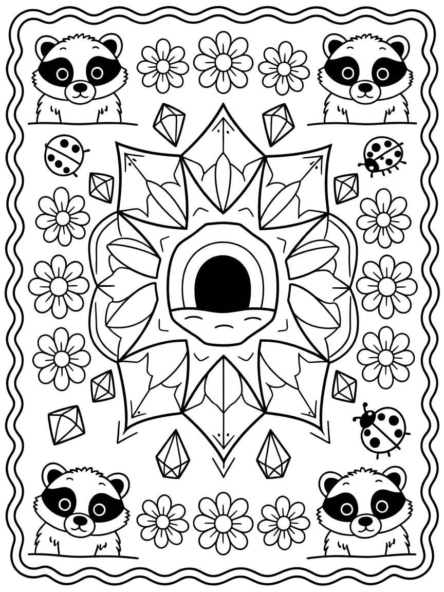 Woodland Animals: The page centers on a repeating motif of a badger poking its head out of a burrow, built around a hexagon-based mandala built from six matching wedges. The motif is placed at each of the four corners in matching pairs, connected by a looping border pattern around the edge. Decorative details fill the surrounding space, including rows of teardrop-shaped petals, angular crystal facets, and layered flower rosettes woven throughout the background. A playful extra touch completes the page: a tiny ladybug tucked among the details, easy to spot once found.