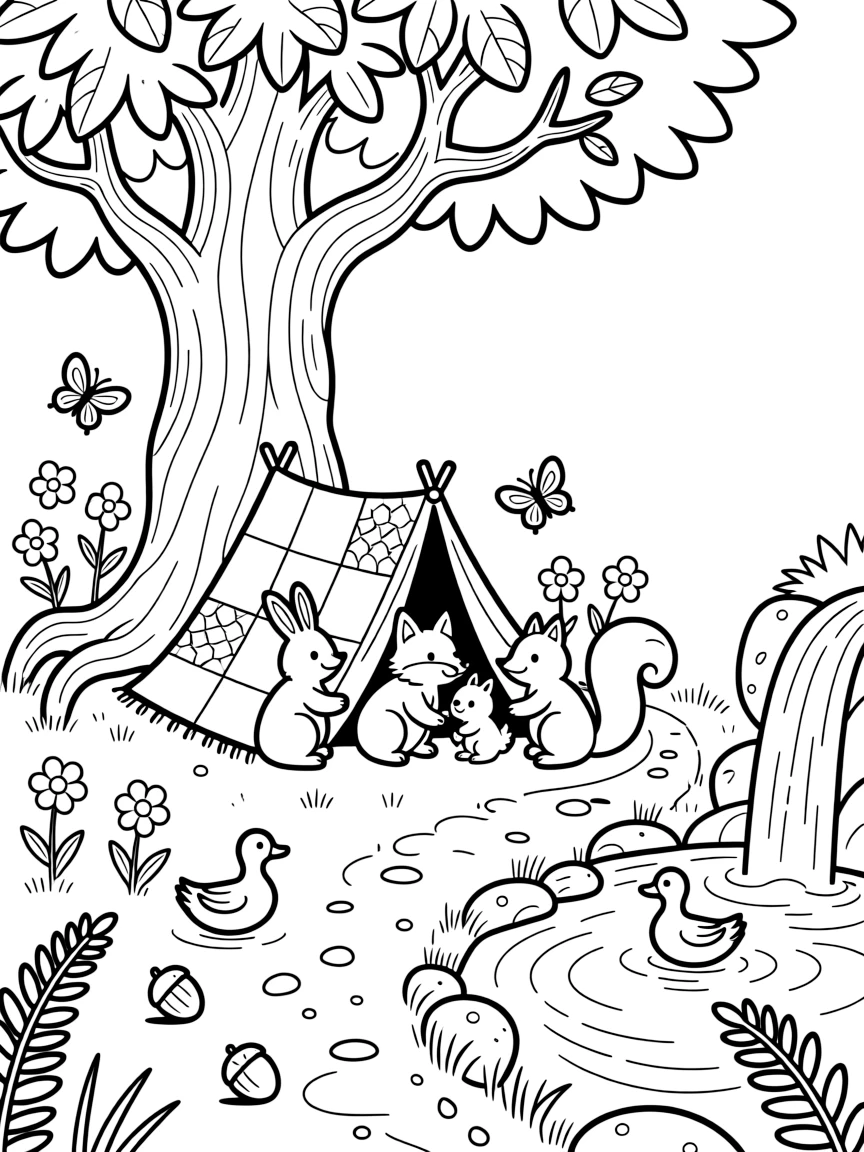 [Enchanted Forest] A group of woodland friends build a small blanket fort beneath the sprawling roots of an ancient oak. Butterflies flutter between wildflowers while a family of ducks waddles across the path toward a stream. A tall waterfall trickles into a small pond edged with smooth stones and clusters of wild ferns. Sunlight filters through the leaves, and a trail of fallen acorns leads toward a hidden clearing sparkling with morning dew.