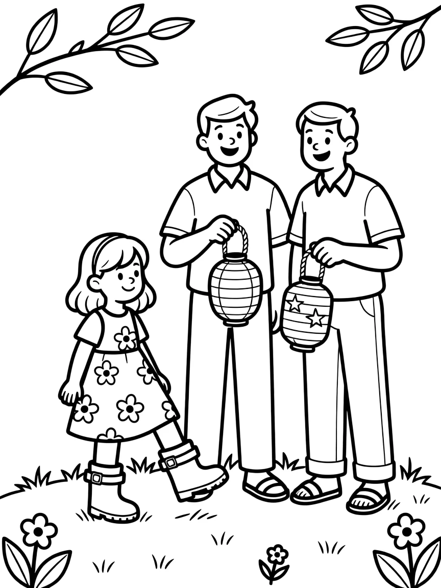 A girl in a sundress putting on rain boots with two dads with paper lanterns swaying gently.