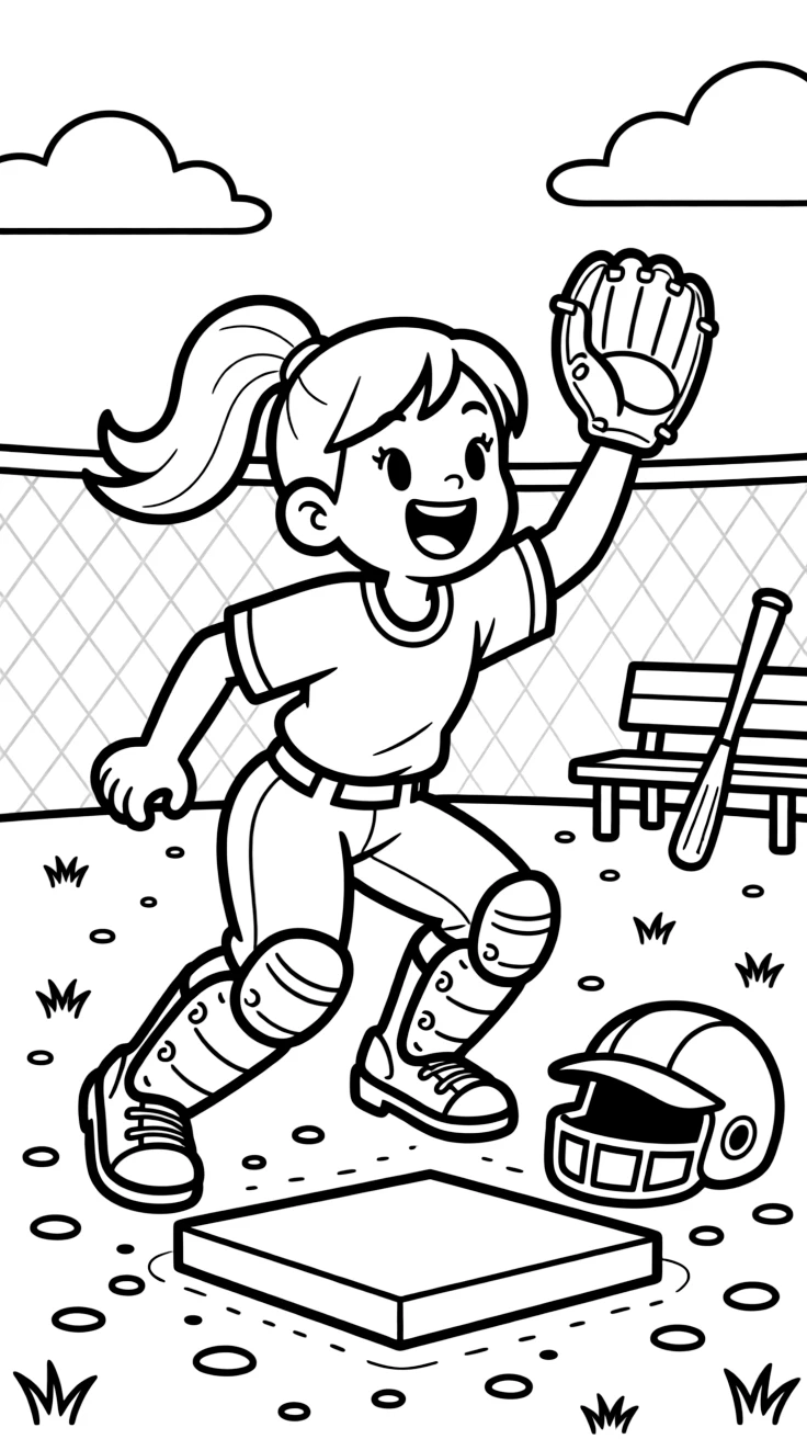An energetic girl with a big smile, crouching behind home plate as catcher, mitt raised to signal the next pitch.