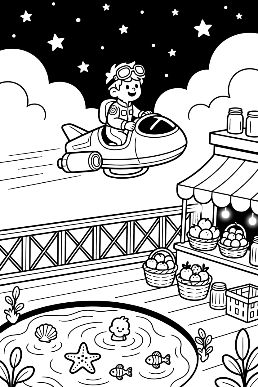 In a starlit rooftop deck used for stargazing parties, pilot Flux zooming along on a turbo pod rescuing baby sea creatures caught in a gentle tide pool storm on an ocean planet, while a busy market stall selling glowing fruit adds to the excitement.