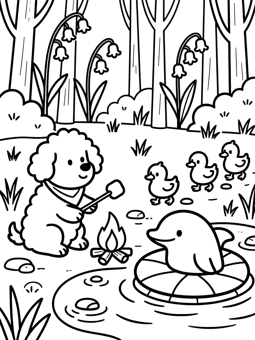 A sheepdog roasting marshmallows by a campfire with a dolphin on a floating lily raft, near a bluebell woodland, with a family of ducklings following behind.