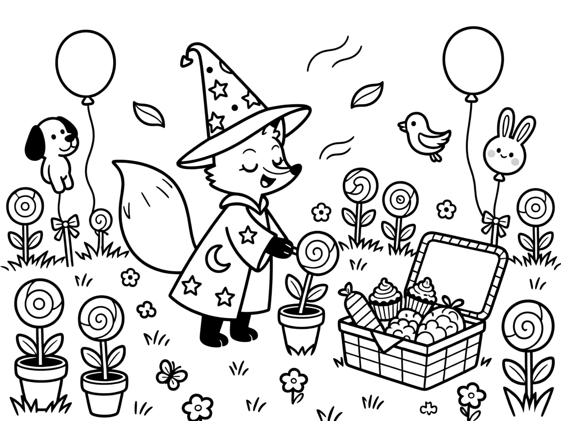 Sleepy and full of excitement, a young sorceress fox spends the day planting a garden of lollipop flowers at a birthday party decorated with balloon animals. Nearby, a picnic basket overflowing with treats adds to the fun. A gentle breeze carries the sound of joyful laughter.