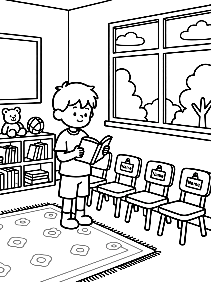 a gentle little boy reads a name tag and finds a seat on the very first day of school.