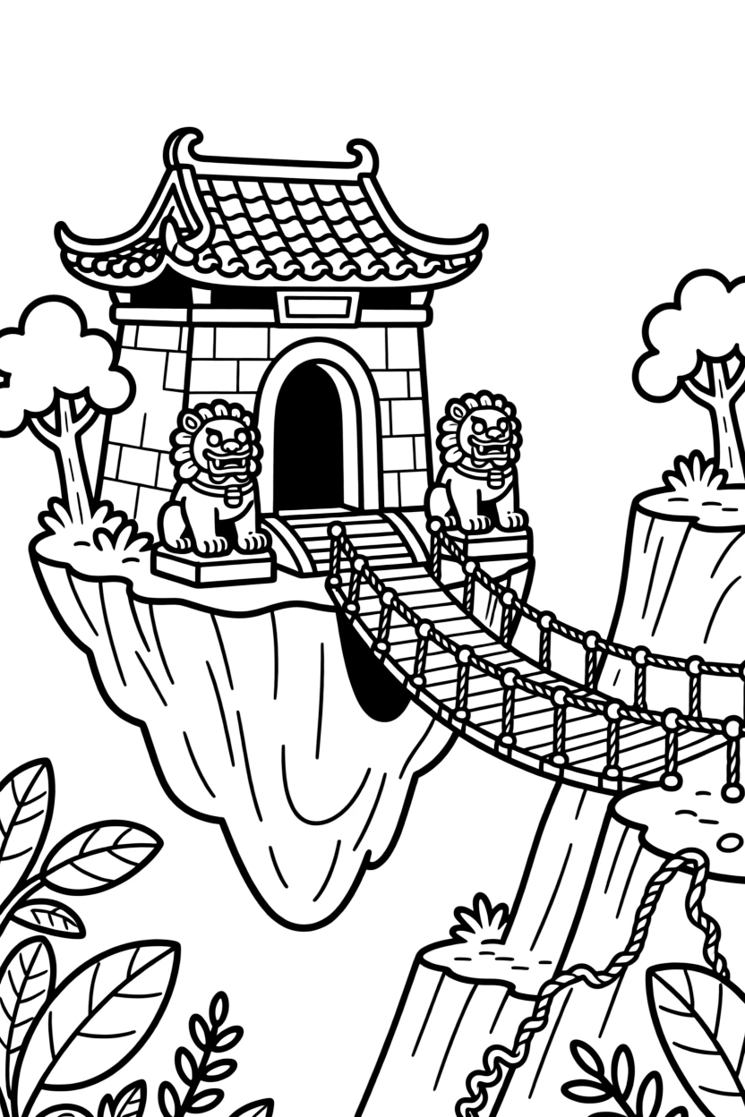 A mystical temple floats above a jungle canyon, connected by a rope bridge, its entrance guarded by two carved stone lion statues with glowing eyes.