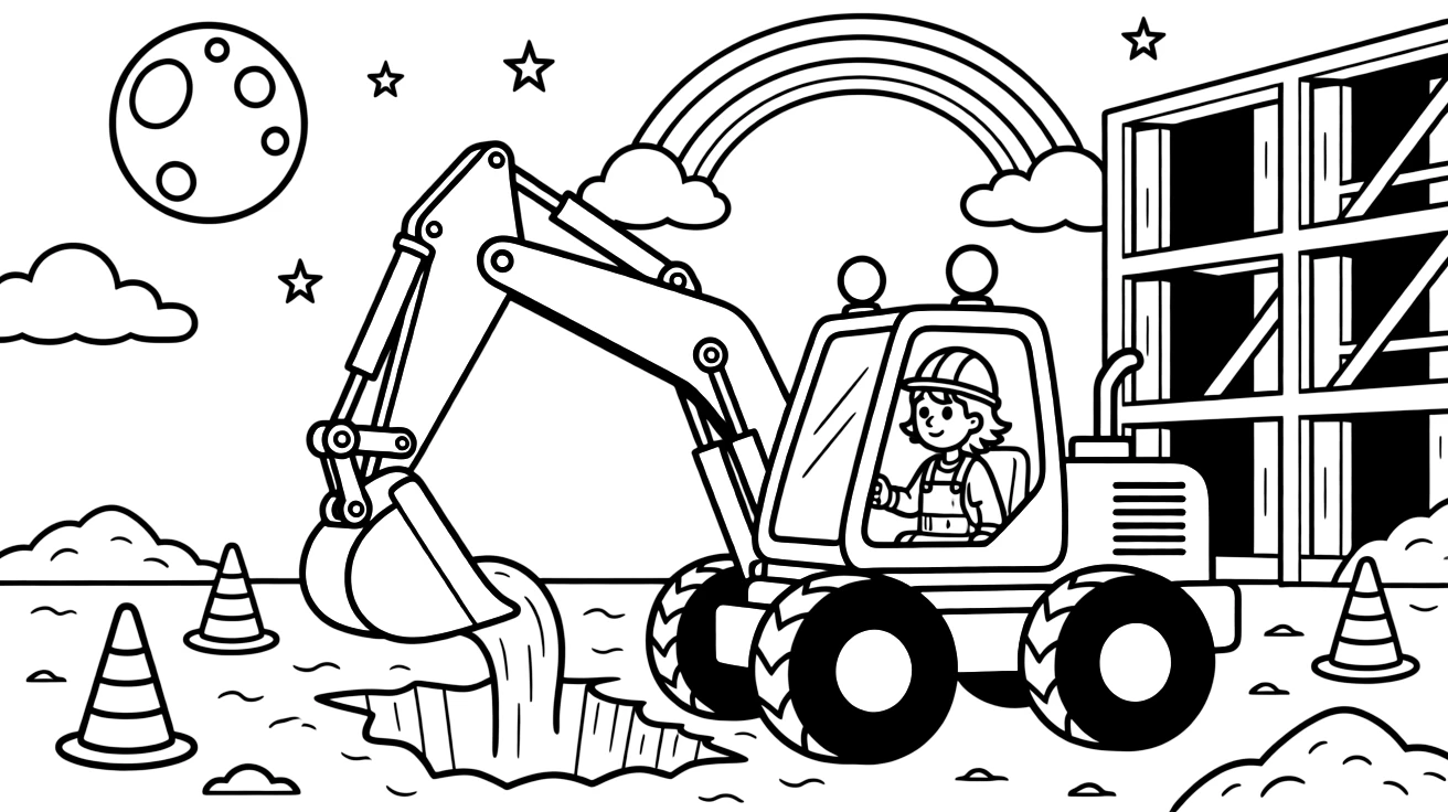 [Construction Vehicles] a mighty yellow excavator digging a deep trench at a busy construction site. In the background, a half-finished building frame rises behind, adding extra fun to explore. Warning lights blink atop the cab. It all happens under a full moon, with a rainbow arching overhead.