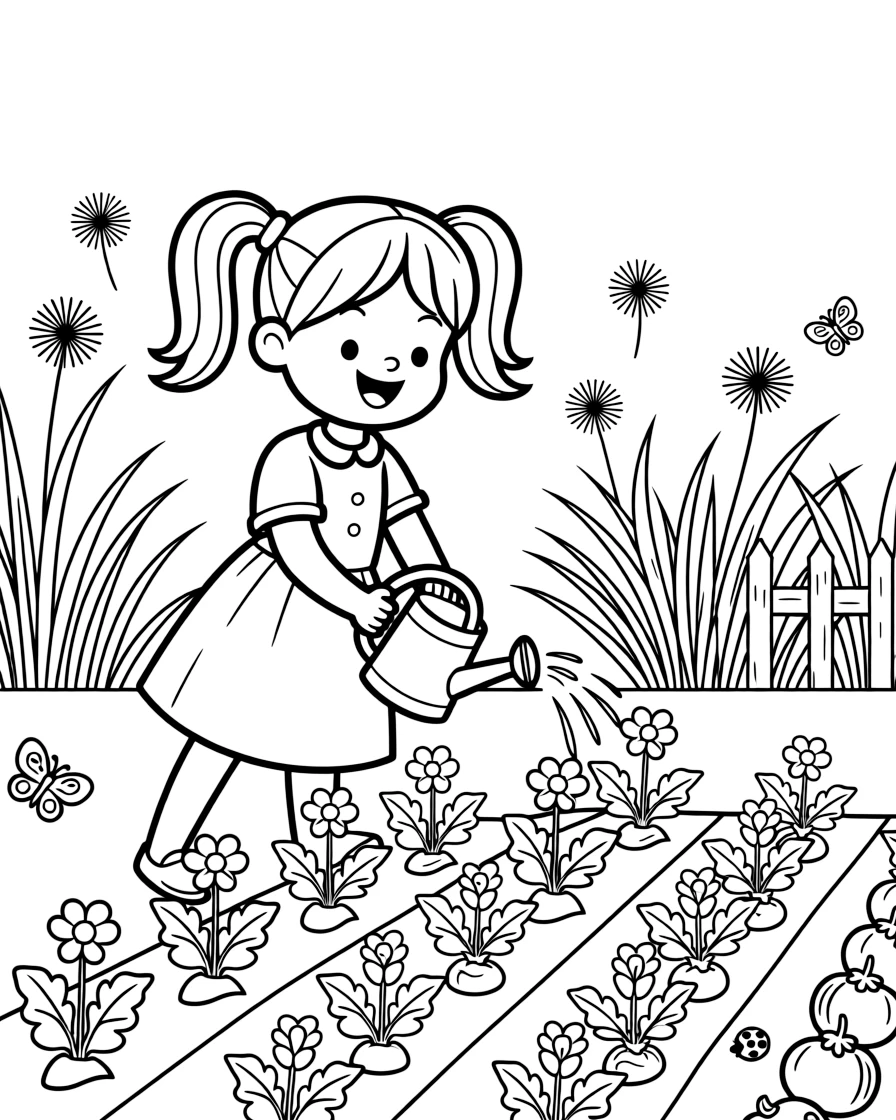 A cheerful little girl with pigtails and a gap-toothed smile is watering rows of flowers with a tiny watering can in a vegetable garden at harvest time. a gentle breeze rippling through tall grass and floating dandelion seeds catching the light add a playful, cheerful touch.