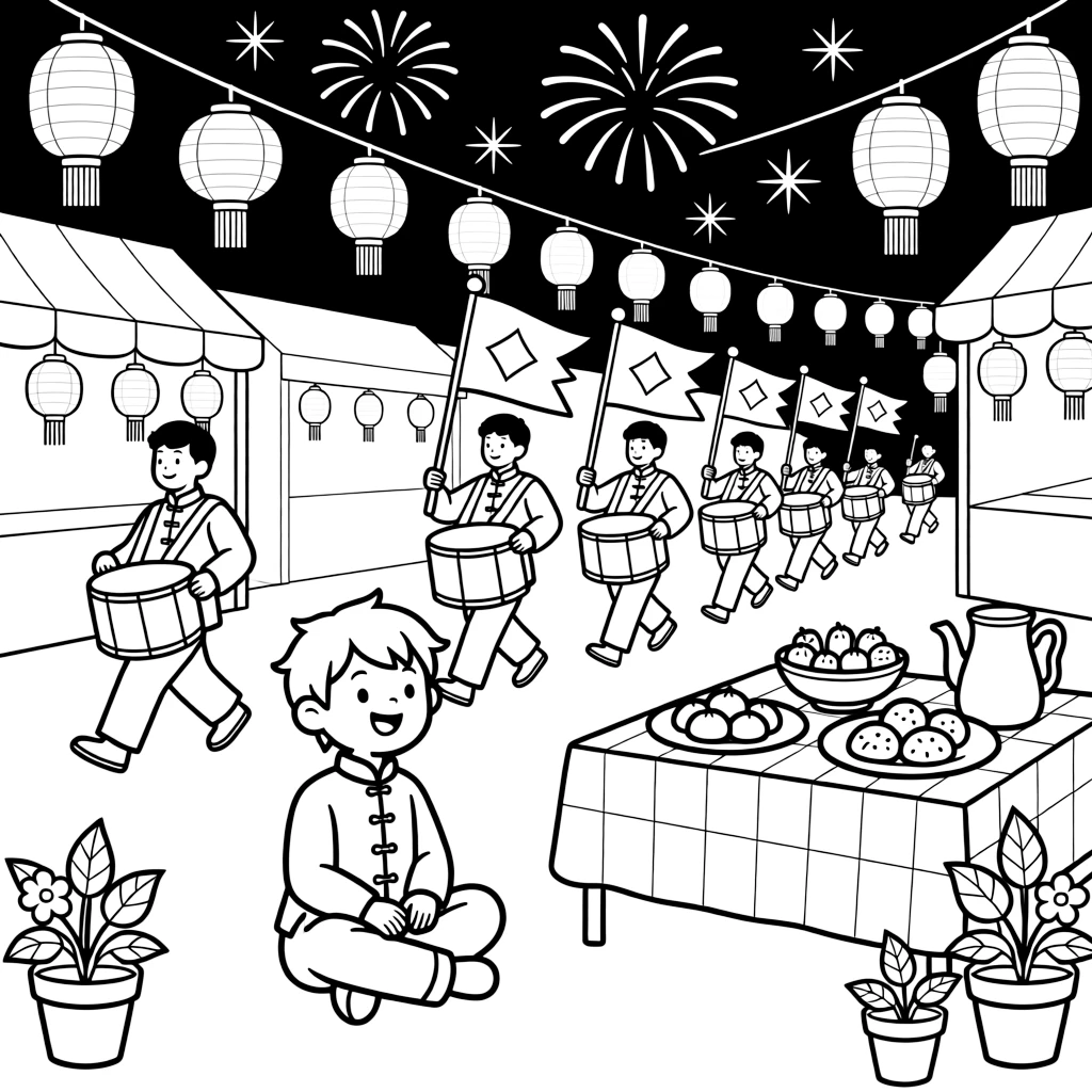 A grinning child sitting beside a parade with drummers and flag bearers at an open-air night market lit with glowing lanterns, with fireworks blooming in the night sky and a table set with special holiday dishes scattered about.