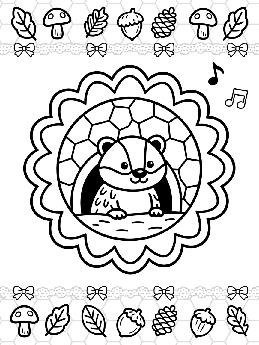 Woodland Animals: The page presents a small themed scene built around a badger poking its head out of a burrow, tied together by a scalloped wreath mandala with rounded overlapping arcs. The scene is placed centrally within a scene bordered top and bottom by mirrored rows of smaller matching details. Decorative details fill the surrounding space, including a field of tiny honeycomb cells, delicate lace-edged fringes, and loops shaped like small bows woven throughout the background. A playful extra touch completes the page: a few tiny musical notes drifting near one corner of the page.