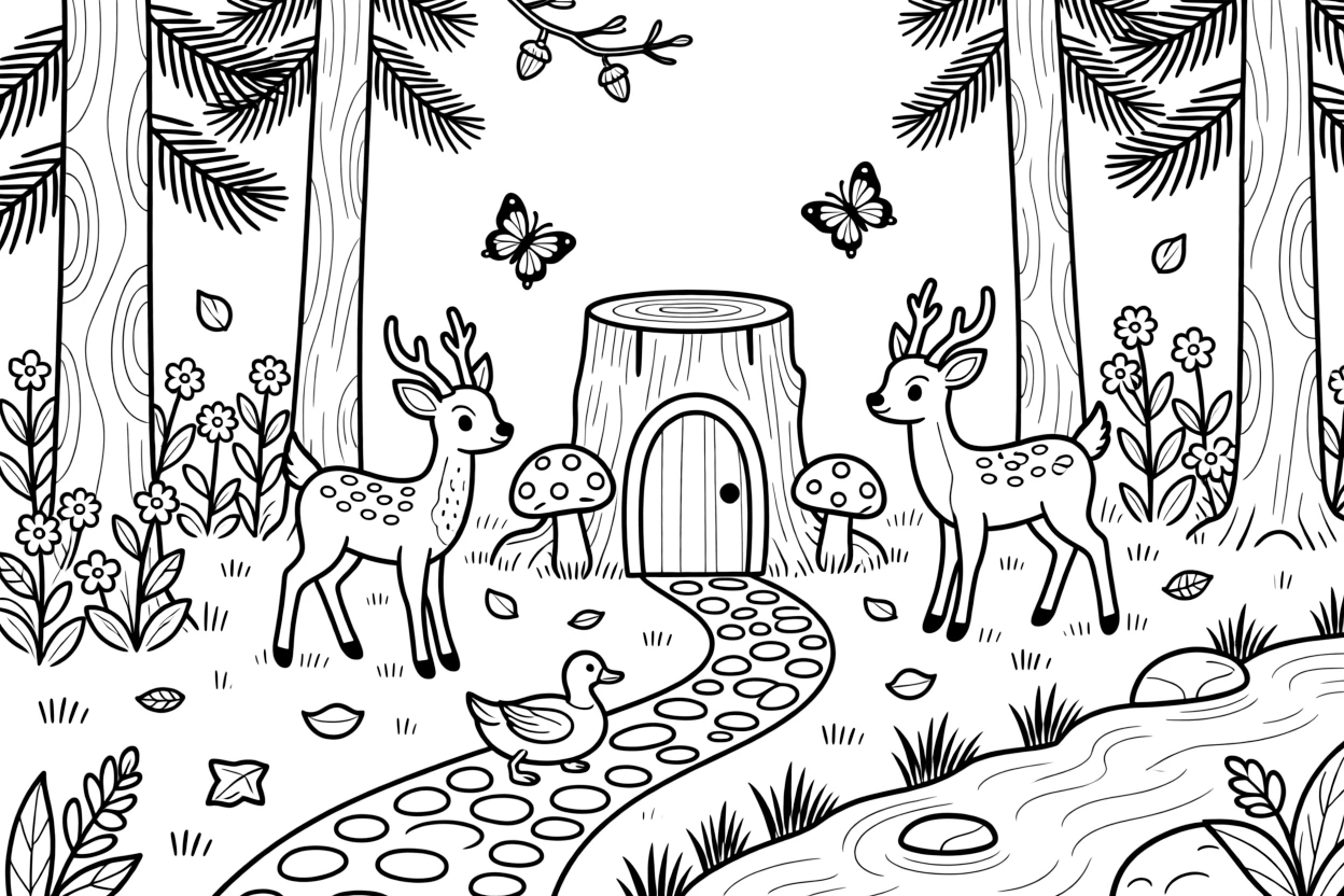 [Enchanted Forest] Two young deer play tag around a cluster of tall pine trees in a sunlit forest clearing. Butterflies flutter between wildflowers while a family of ducks waddles across the path toward a stream. A ring of spotted mushrooms circles an old tree stump carved into a tiny door, with pebbles forming a winding path. A gentle breeze rustles the leaves overhead, scattering a few petals across the forest floor.