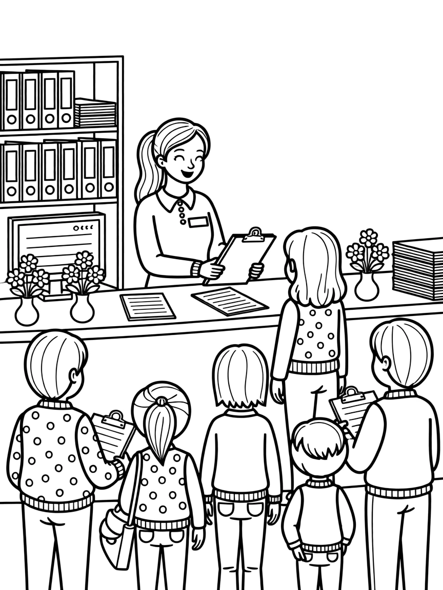 A hospital receptionist checks in patients at a busy front desk lined with clipboards and flowers.