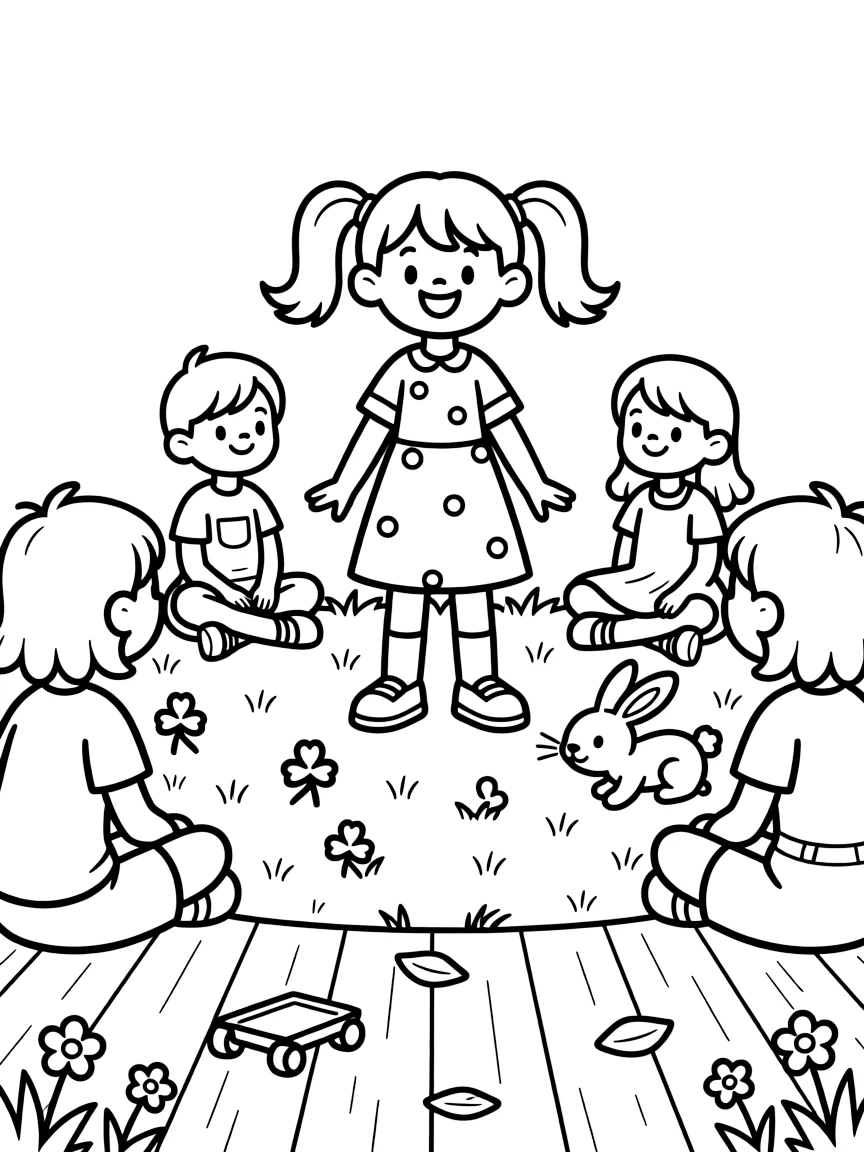 A cheerful girl performing in a class play at a show-and-tell circle while a rabbit hops through the grass.