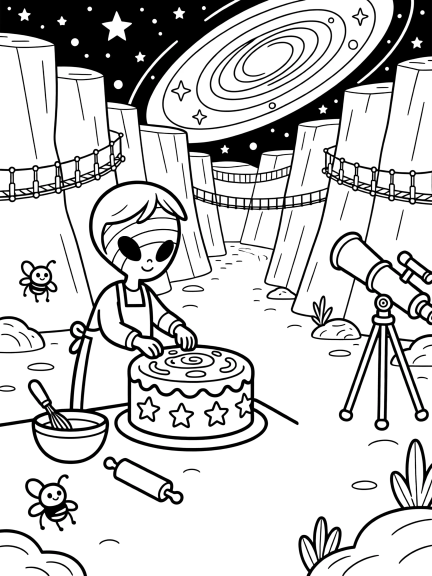 Tavo, an alien with rainbow-striped skin helping bake a giant space cake for the colony's founding day in a canyon planet crisscrossed with ziplines and rope bridges, as a trail of glowing footprints leading into the distance and a giant telescope pointed at a swirling galaxy fill the scene.