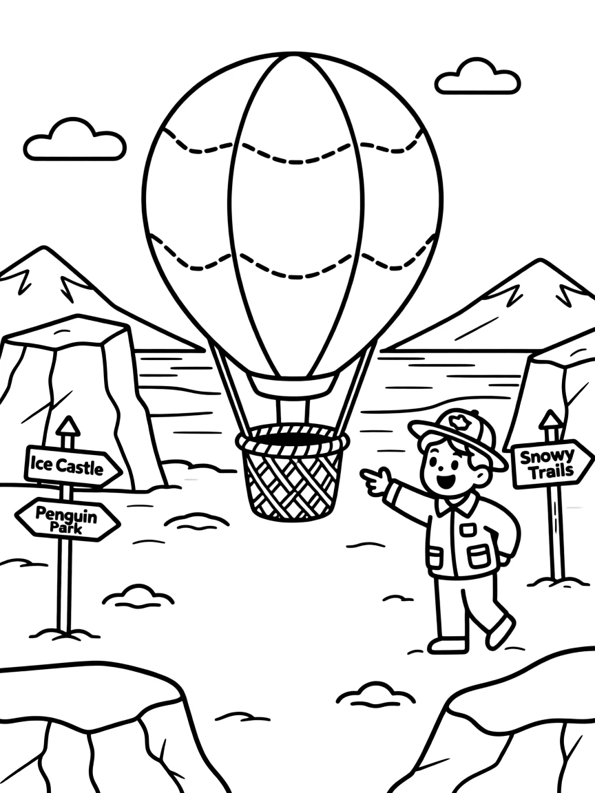 A big, friendly a colorful hot air balloon with a woven gondola basket rolls through an icy arctic field with drifting chunks of blue-white ice, with a park ranger pointing out something in the distance enjoying the ride and road signs pointing toward fun destinations adding a playful touch.