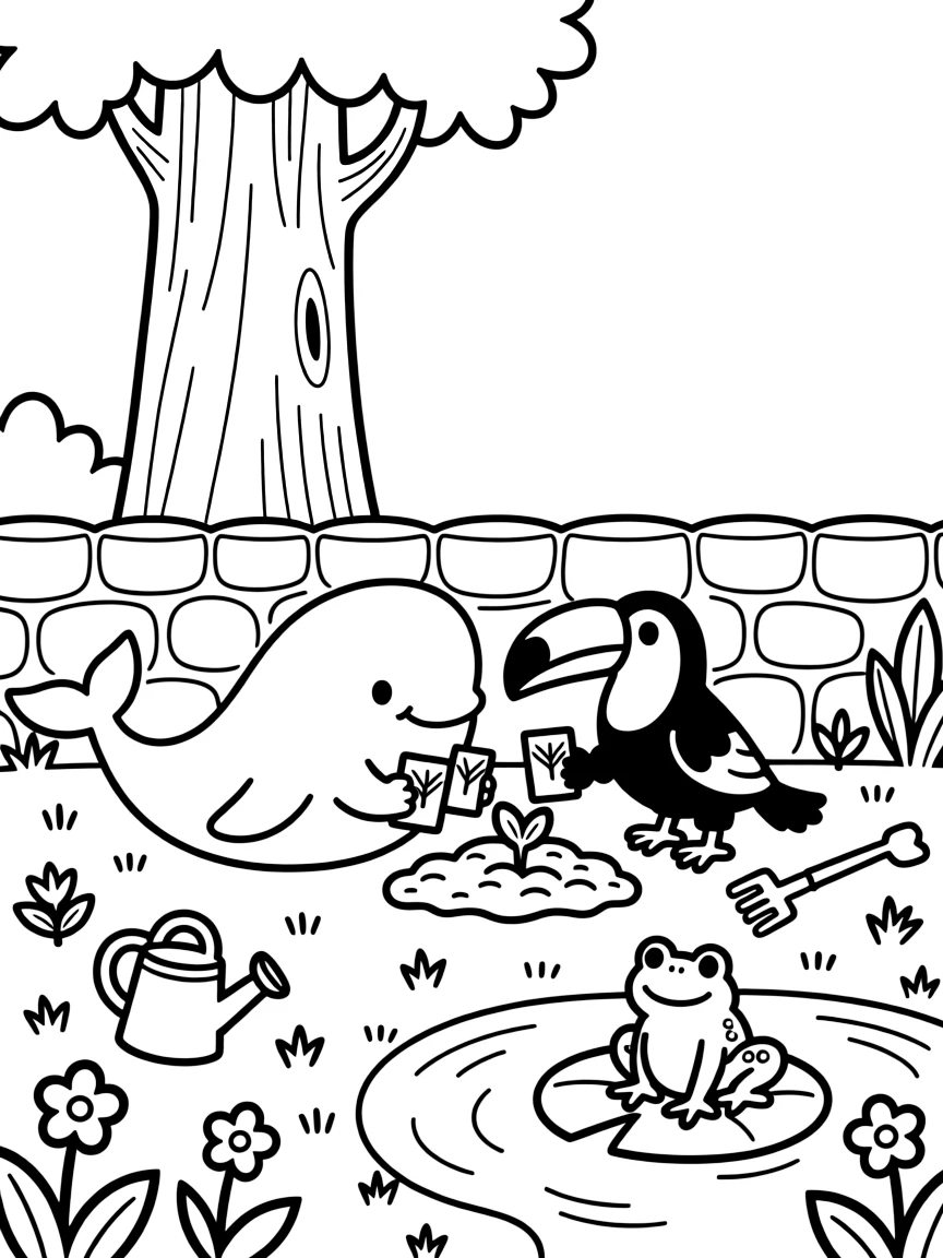 A narwhal planting seeds together with a toucan in a secret garden behind a stone wall, near a giant redwood tree, while a curious frog watches from a lily pad.