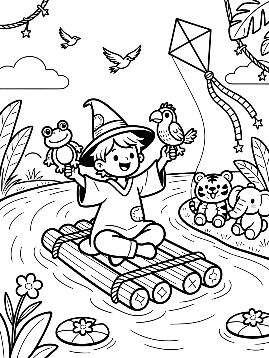 On a raft floating down a lazy jungle river, a wide-eyed little wizard apprentice discovers the joy of putting on a puppet show for stuffed animal friends, while a kite tail fluttering with colorful ribbons watches happily nearby. The whole crew is grinning from ear to ear.