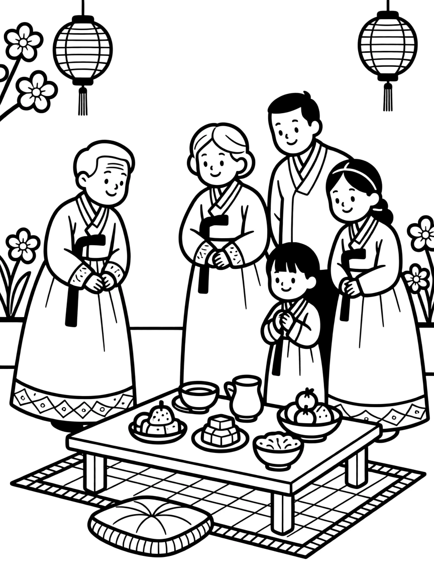 A coloring page of a heartwarming family scene in South Korea showing a family bowing respectfully to grandparents during a New Year ceremony, with everyone smiling and working together happily.