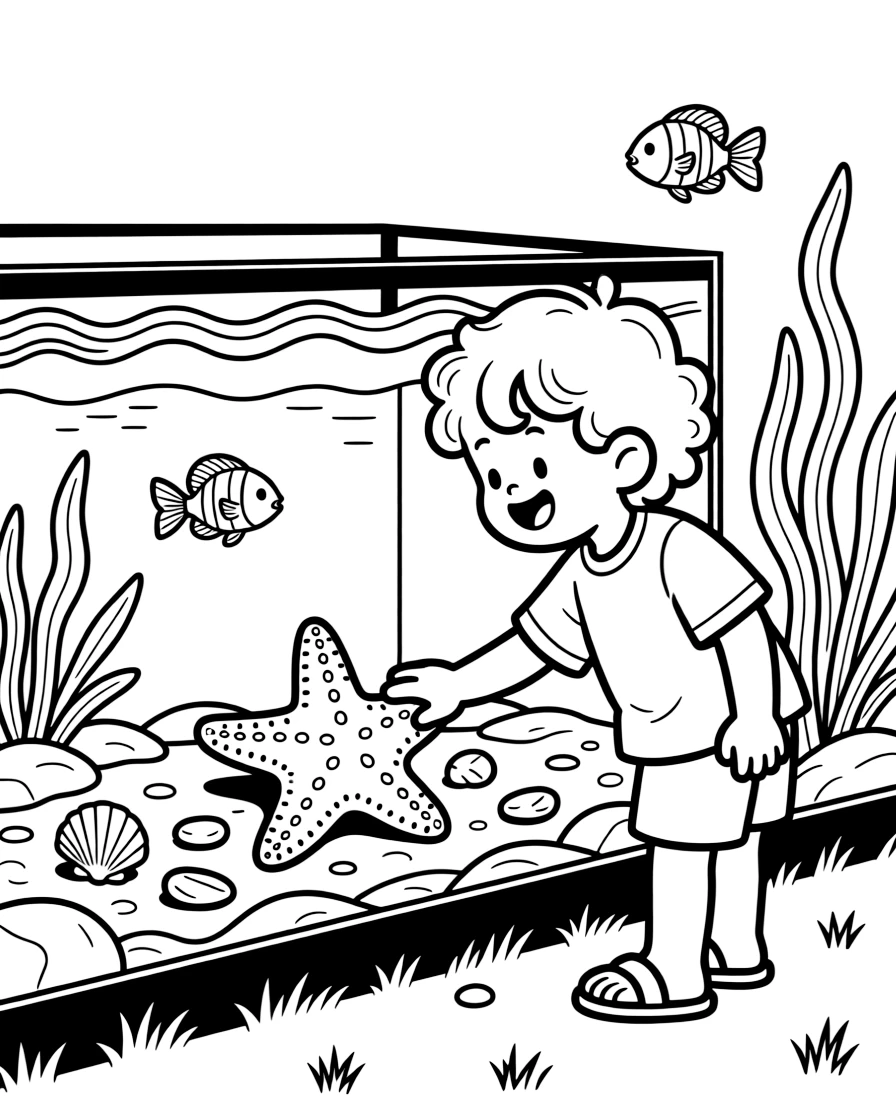 a giggling small child peers into a touch tank to gently pet a starfish at an aquarium.