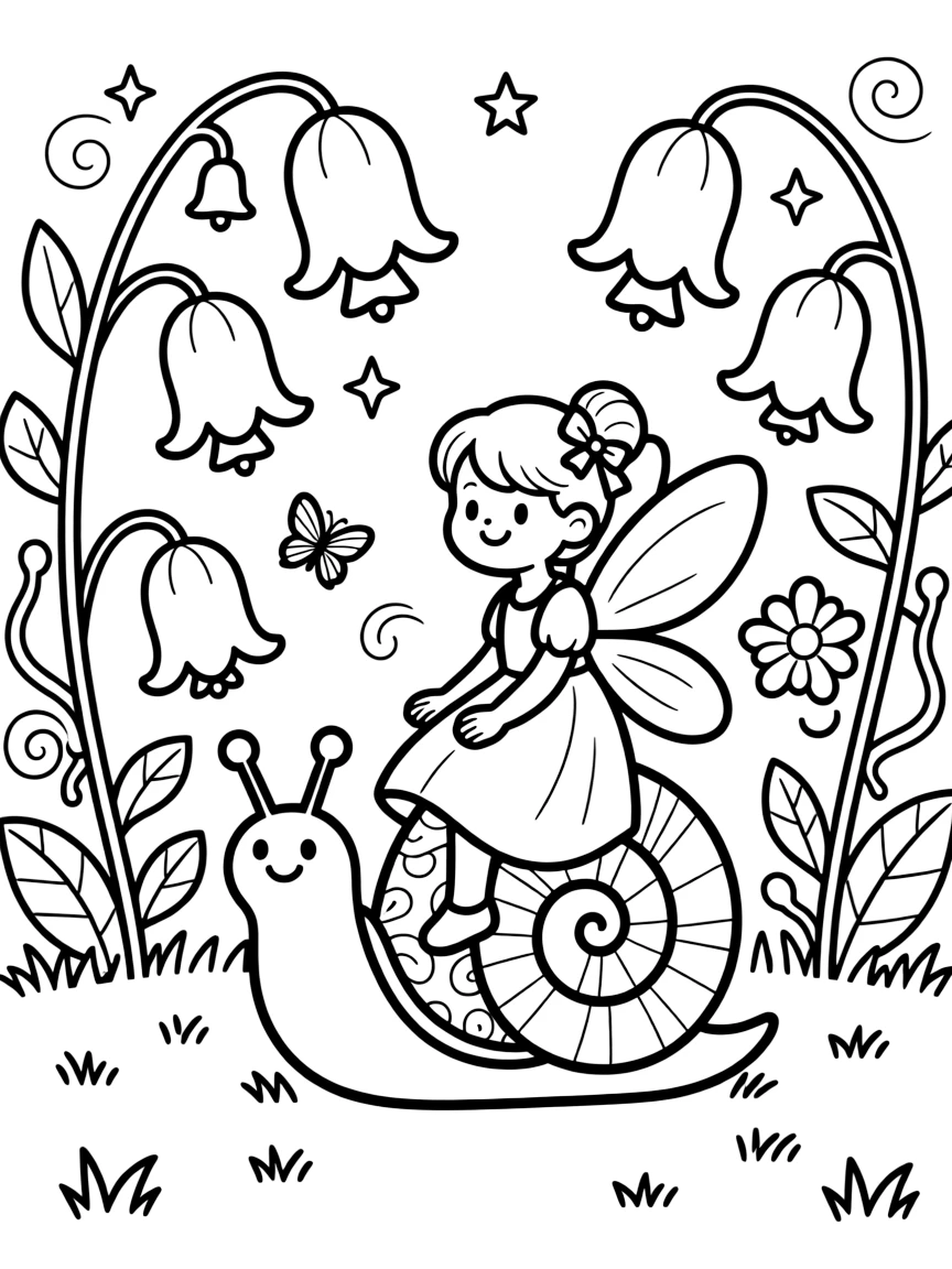 A magical garden blooms with oversized flowers that chime like bells when the wind blows, tended by a fairy gardener riding a snail.