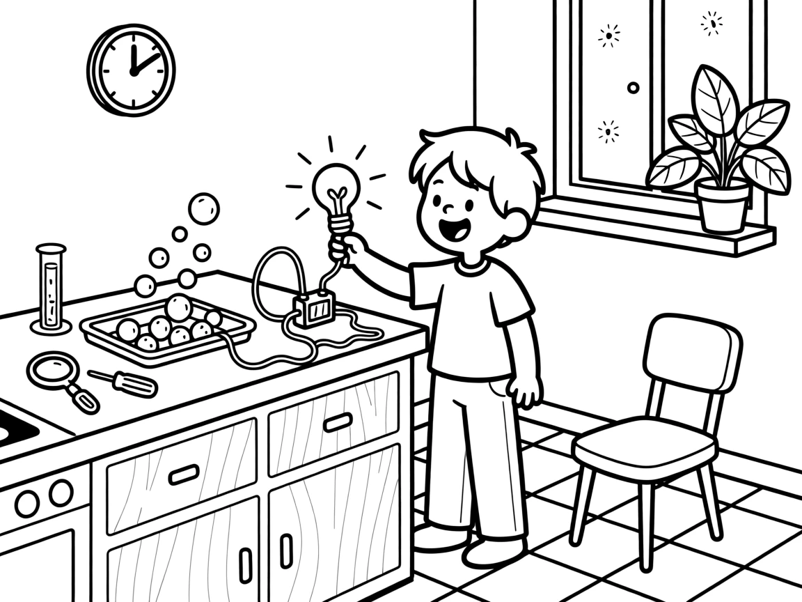 [Science Experiments] A dynamic scene shows a young inventor testing a homemade circuit connecting wires to light up a small bulb at a kitchen counter turned lab, wide-eyed with wonder. Close by, colorful bubbles overflow onto a tray. Simple lab tools fill the tabletop. The moment unfolds in the late afternoon, with dust kicked up by the wind, filled with energetic detail perfect for a young colorist.