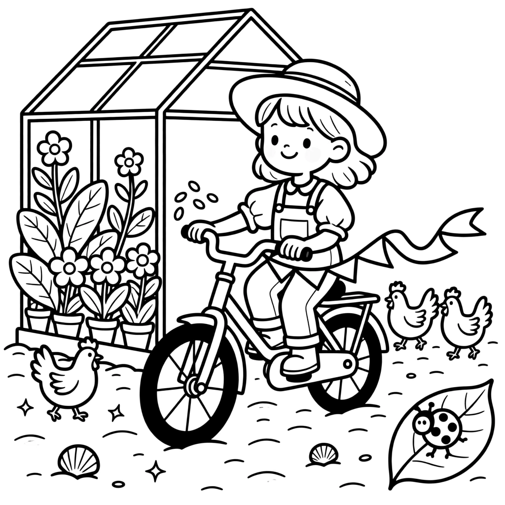 A girl farmer scattering seed for the chickens is riding a bicycle decorated with streamers on the handlebars inside a greenhouse overflowing with blooming plants. glittering seashells scattered on the sand and a curious ladybug resting on a leaf add to the delightful moment.