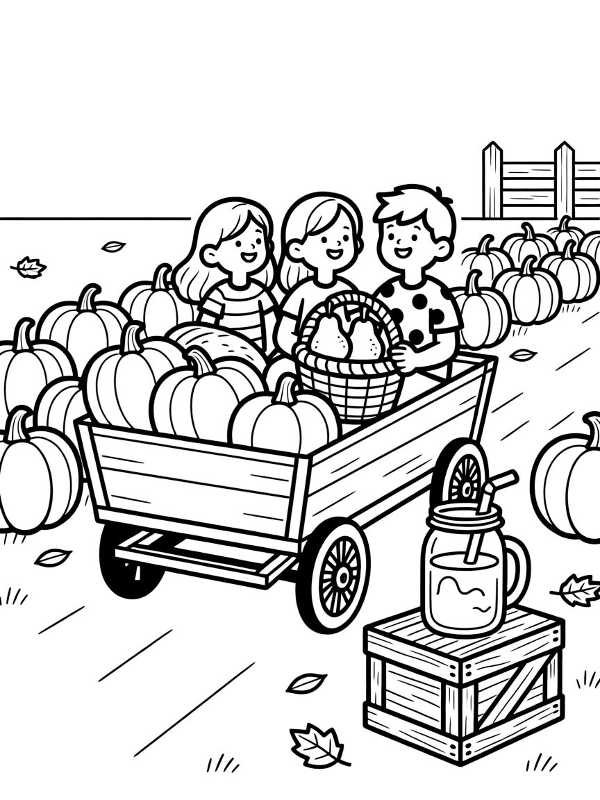 A hayride wagon passing rows of pumpkins at a farmers market piled high with autumn vegetables, alongside a group of three friends and a bushel basket of pears, with a mason jar of cider close by.