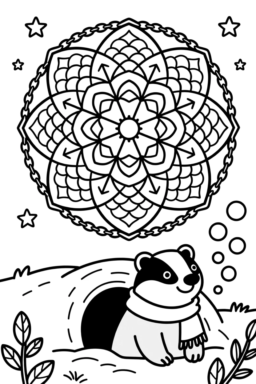 Woodland Animals: The design turns a badger poking its head out of a burrow into a kaleidoscope-style composition anchored by an arched dome mandala built from layered nested arches. The imagery is broken into repeating fragments that spin outward from the center in a kaleidoscope-style circle of matching wedges. Decorative details fill the surrounding space, including overlapping fish-scale textures, interlocking circle chains, and clusters of small five-point stars woven throughout the background. A playful extra touch completes the page: a cluster of small bubbles rising near one side of the page.