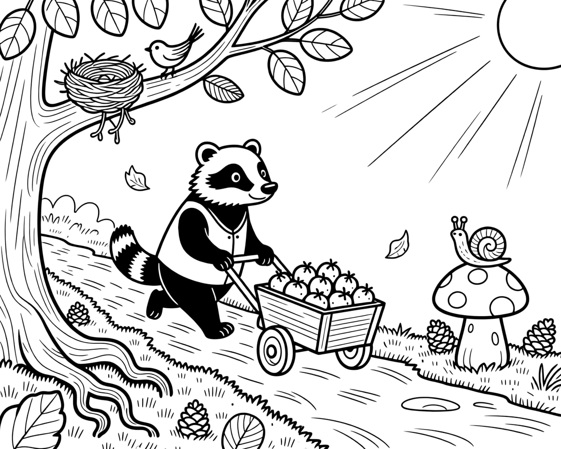 [Enchanted Forest] A friendly badger pulls a small wooden cart loaded with berries down a leafy forest path. Tiny birds build a nest in a low branch while a snail slowly climbs a nearby toadstool. Sunbeams stream through gaps in the canopy onto a carpet of moss, fallen pinecones, and curling roots. A gentle breeze rustles the leaves overhead, scattering a few petals across the forest floor.