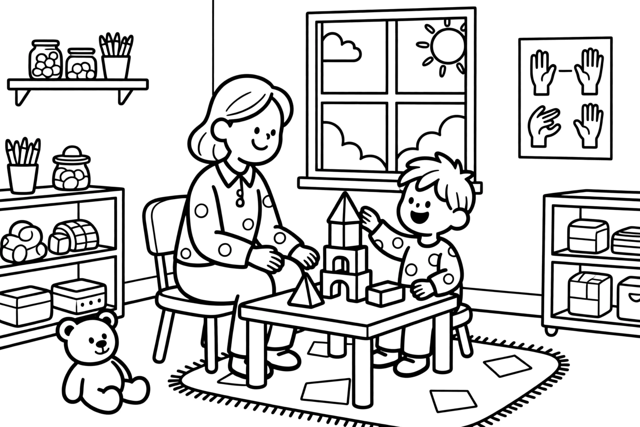 A occupational therapist helps a child build with blocks to strengthen hand muscles in a bright therapy room.