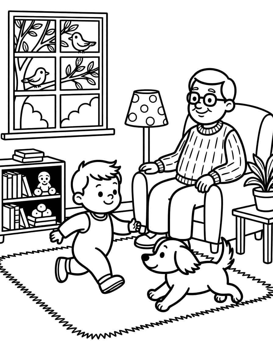 A toddling baby toddling after a puppy with a grandfather in a cozy living room as birds chirp in a nearby tree.