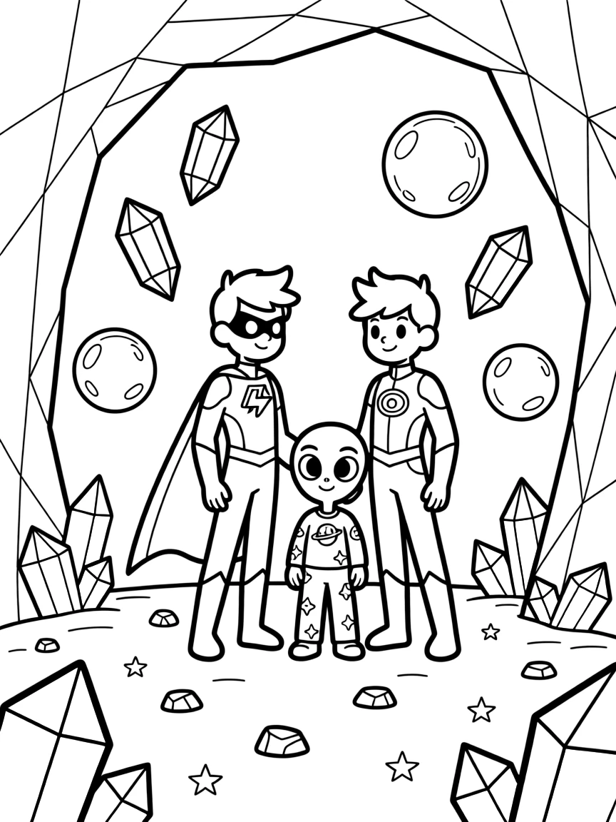 Twin superhero siblings Turbo (magnetic) and Halo (super-fast) showing a new alien student around the space academy in a crystal cave glittering with rainbow-colored gems, as a cluster of floating crystals humming softly and a cluster of soap-bubble-like energy shields fill the scene.
