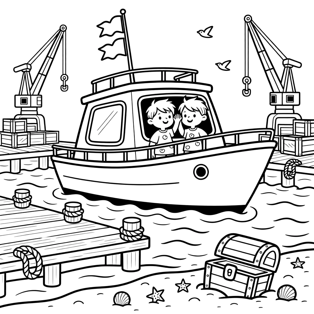 A big, friendly a shiny white yacht with flags fluttering on its mast rolls through a busy harbor lined with docks, cranes, and stacked crates, with twin siblings pressing their faces to the window enjoying the ride and a treasure chest half-buried in the sand adding a playful touch.