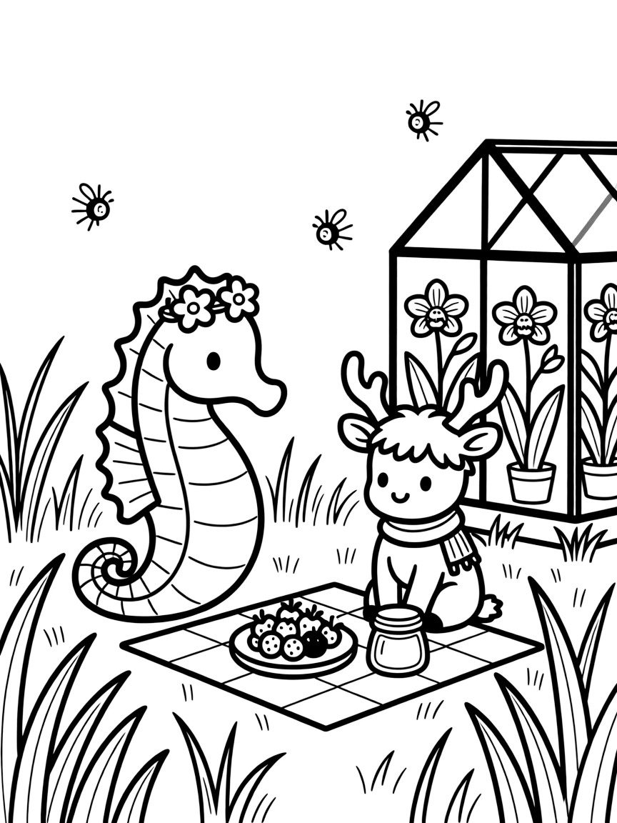 A seahorse in a field of tall grass, sharing a picnic of berries and honey with a moose calf, next to a orchid greenhouse, with fireflies twinkling nearby.