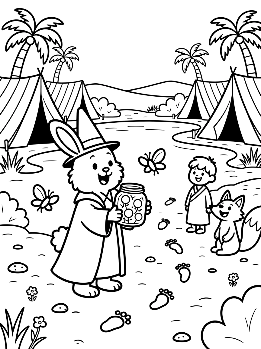 In a desert oasis ringed with striped tents, a clumsy rabbit magician discovers the joy of catching fireflies in a jar to light up the night, while a trail of glowing footprints watches happily nearby. The whole crew is grinning from ear to ear.