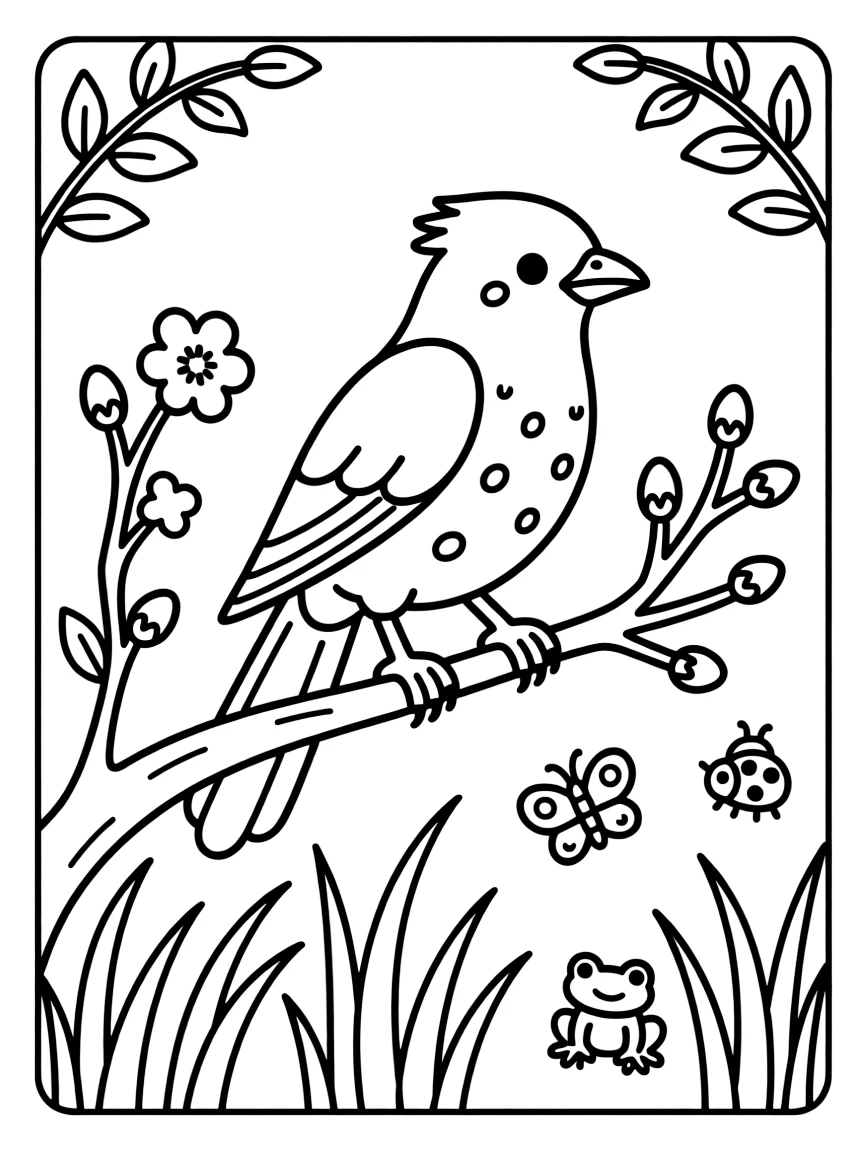 A coloring page spotlighting a spotted Korean magpie perched on a blossoming branch in South Korea, framed by leafy branches, tall grass, and a few playful smaller creatures nearby.