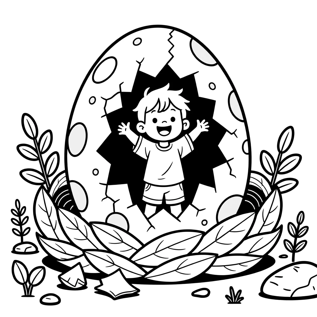 a proud small child hatches from a large speckled dinosaur egg in a nest of leaves.
