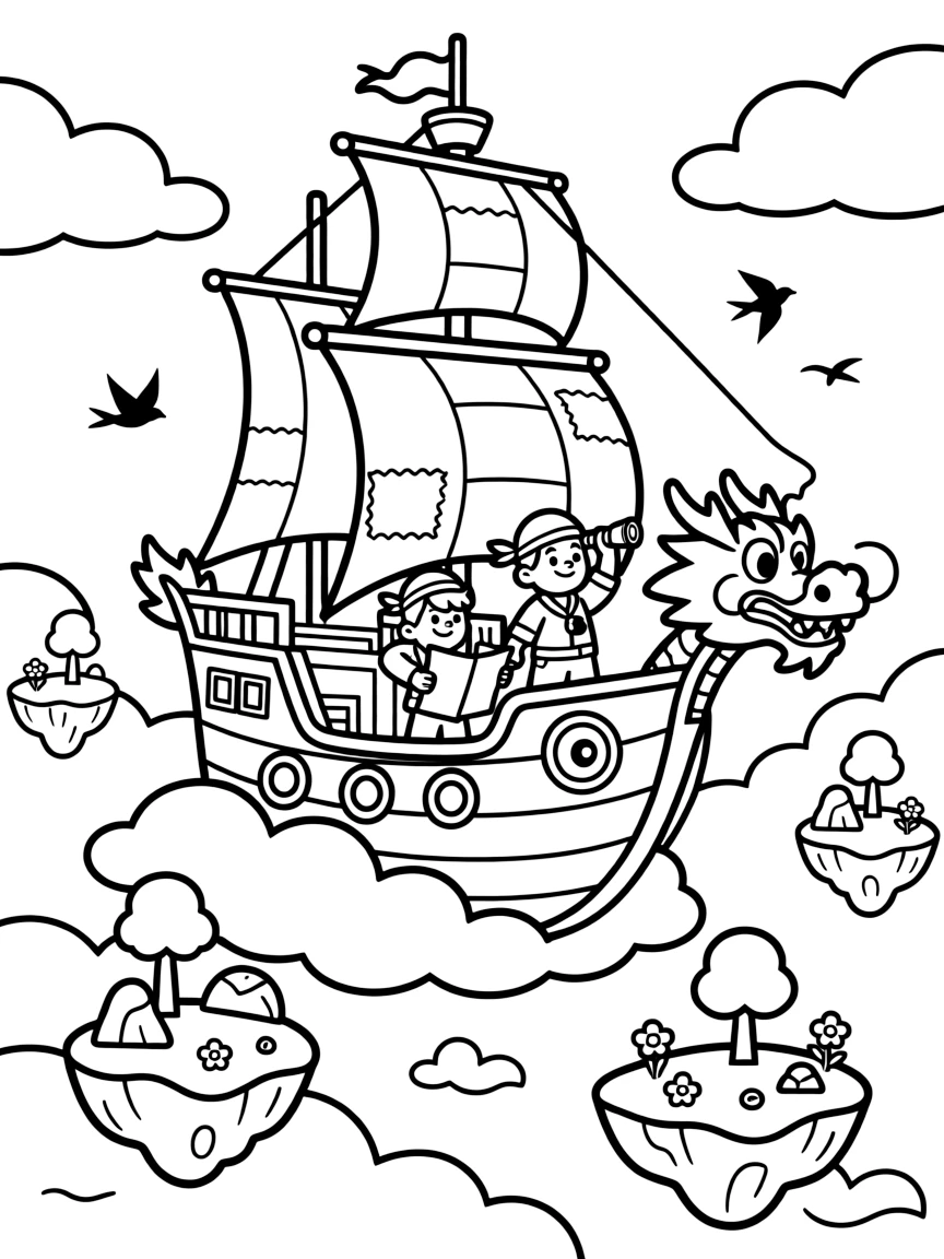 A grand flying ship with patched sails and a dragon-shaped bow drifts between islands in the clouds, its crew of pirates waving telescopes and maps.