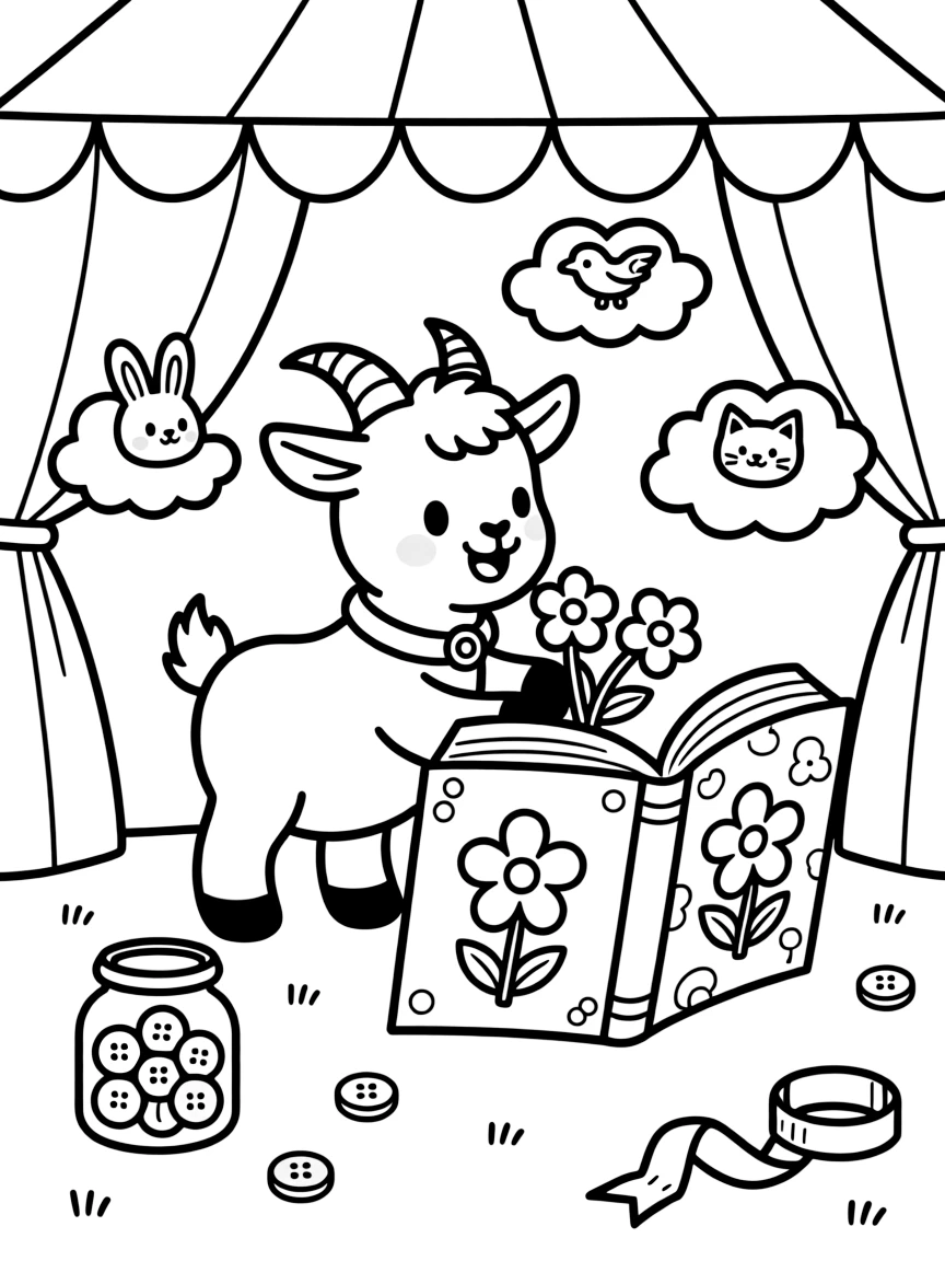 A bouncy baby goat is pressing flowers between the pages of a big book inside a circus tent during a cheerful show. Scattered nearby, fluffy clouds shaped like little animals and a jar of colorful buttons and ribbons fill the page with charm.