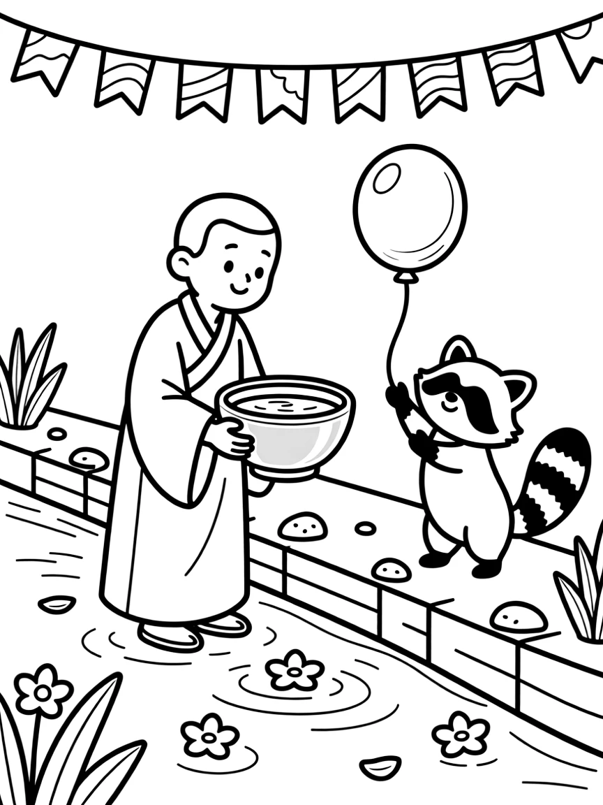 A monk blessing water in a silver bowl beside a canal decorated with floating flower petals, with a round raccoon playing close by amid a water balloon mid-air and colorful flags fluttering along the bank.