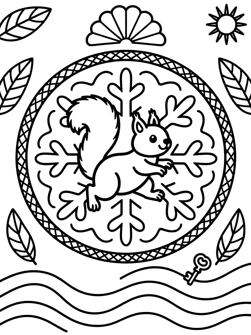 Woodland Animals: The main subject is a squirrel leaping with its tail fanned wide, drawn as the focal point of a snowflake-shaped mandala with six symmetrical arms. It is centered on the page, anchoring a design that expands outward in smooth, even waves. Decorative details fill the surrounding space, including rows of scalloped fan shapes, bands of braided rope shapes, and rays fanning out like a small sunburst woven throughout the background. A playful extra touch completes the page: a small key shape tucked discreetly among the pattern details.