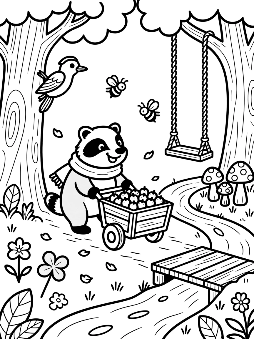 [Enchanted Forest] A friendly badger pulls a small wooden cart loaded with berries down a leafy forest path. A woodpecker taps at a tree trunk overhead as bumblebees buzz around a patch of clover. The path winds past a giant oak tree with a rope swing, colorful toadstools, and a bubbling brook crossed by a small wooden bridge. A gentle breeze rustles the leaves overhead, scattering a few petals across the forest floor.