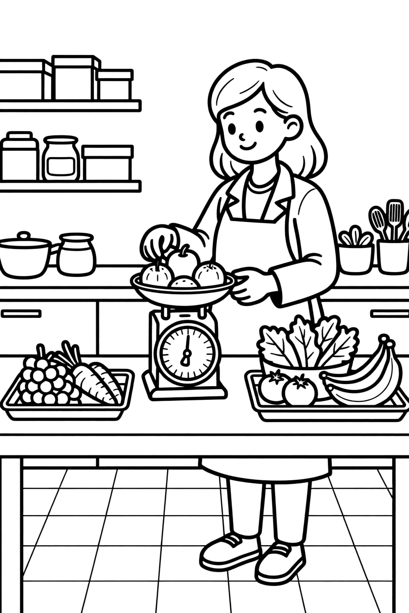 A dietitian weighs fruits and vegetables on a small kitchen scale in a hospital kitchen.